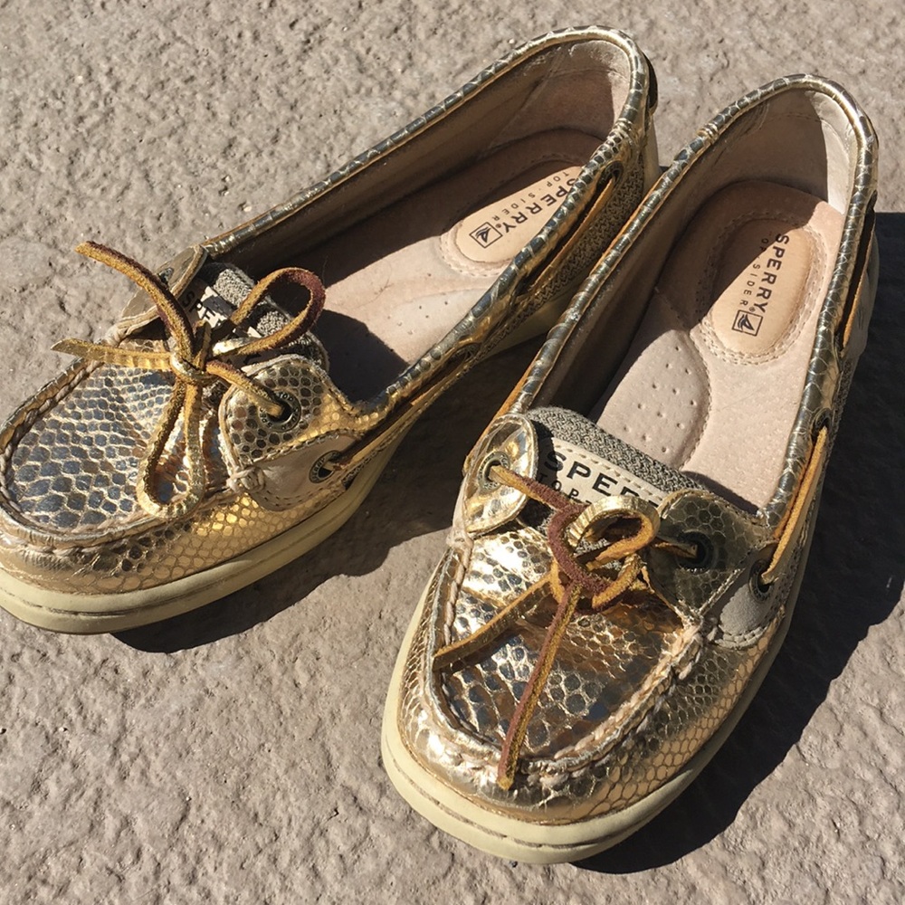 $95 gold leather Snake print Sperry Topsider 5 - Picture 1 of 6